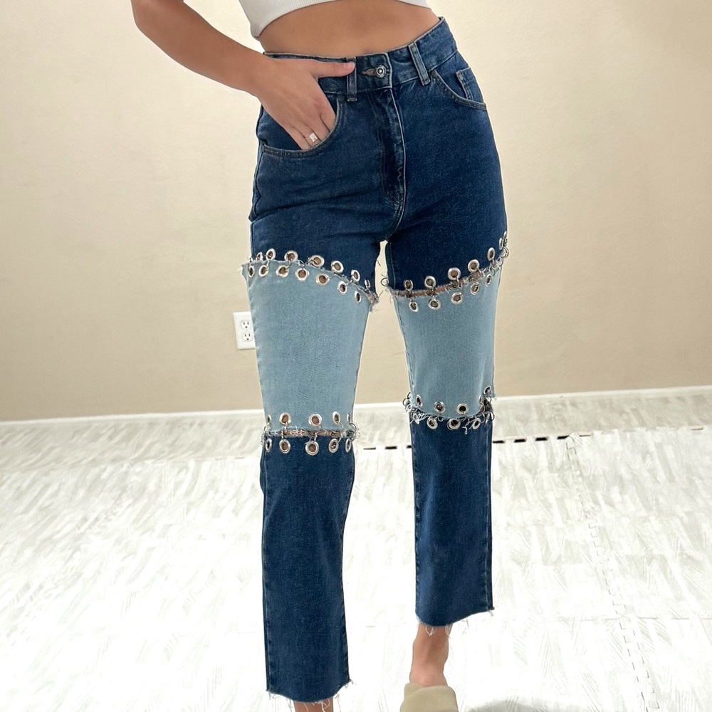 The Ragged Priest Two-Tone Eyelet Straight Leg Jeans - Dark & Light Blue